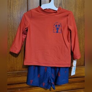 Kids Red Long-Sleeve Swim Rashguard Set with Navy Lobster Shorts